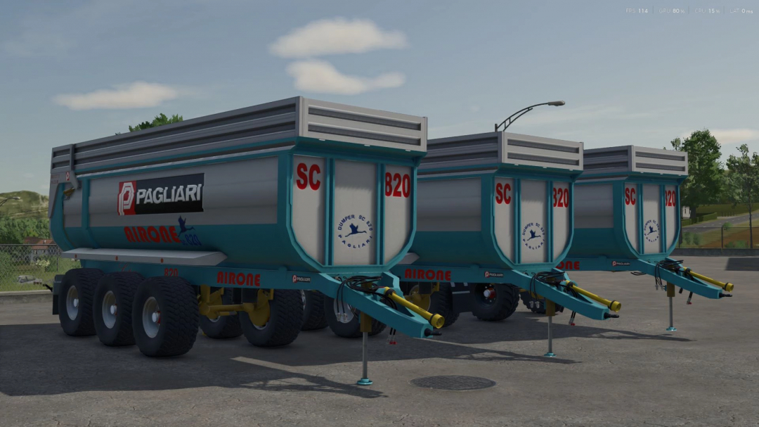Farming Simulator 25 mod image showcasing Pagliari Airone SC 820 grain trailers in the game.