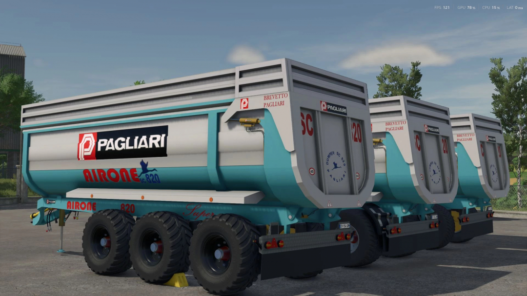 Farming Simulator 25 mods: Pagliari Airone SC 820 trailer with branding and large tires for agricultural use.