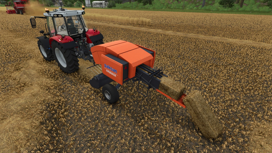 Farming Simulator 25 mod: Paksan Hammer v1.0.0.0, an orange hay bale wrapper attached to a tractor, working in a wheat field.