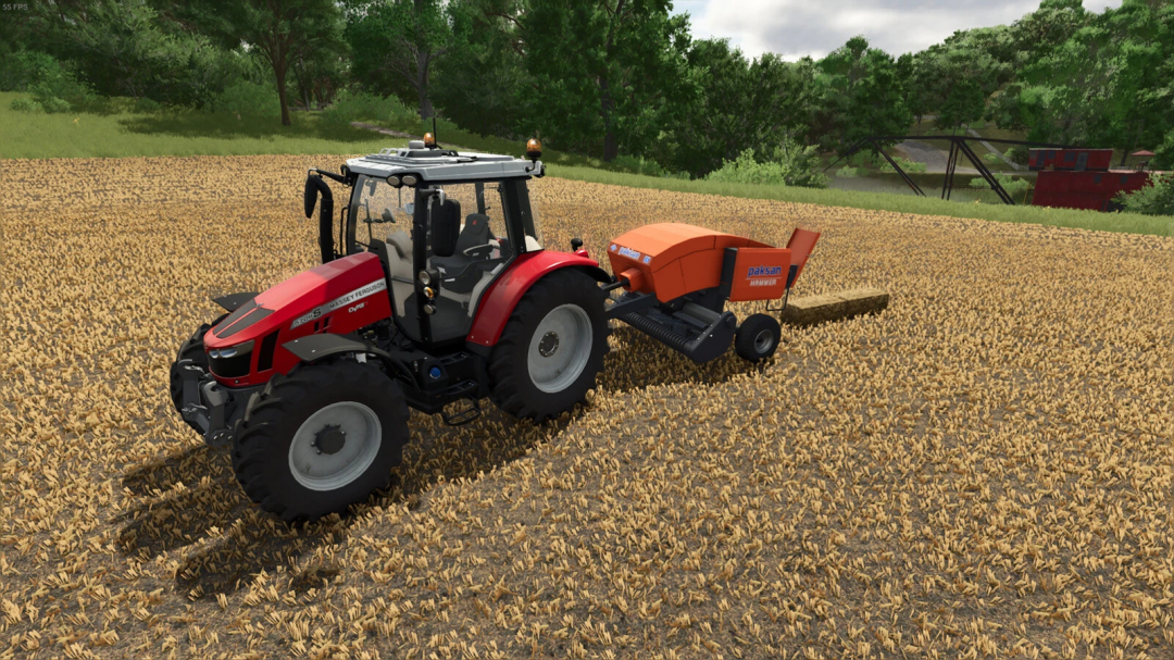 Farming Simulator 25 mod: Massey Ferguson tractor with Paksan Hammer v1.0.0.0 attachment working in a wheat field.