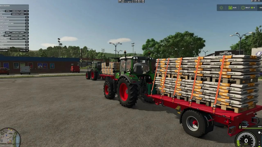 Farming Simulator 25 mods: Tractor hauling a trailer loaded with pallets of PIONEER fertilizer, featuring the Pallet fixed v1.0.0.1 mod.