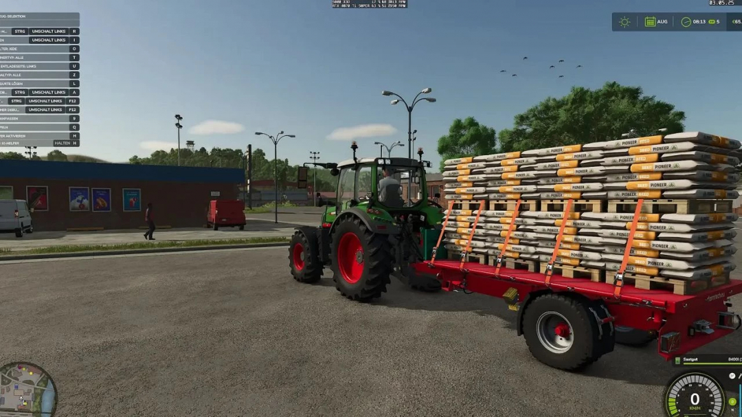 Farming Simulator 25 mod showcasing a tractor with a pallet fixed mod carrying stacked pallets of PIONEER fertilizer or seed in Farming Simulator 25.