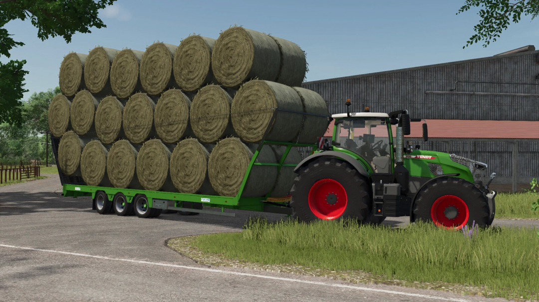 Farming Simulator 25 mod featuring a tractor hauling a large load of hay bales with Pavelli RAT Pack Additional Features v1.0.0.0