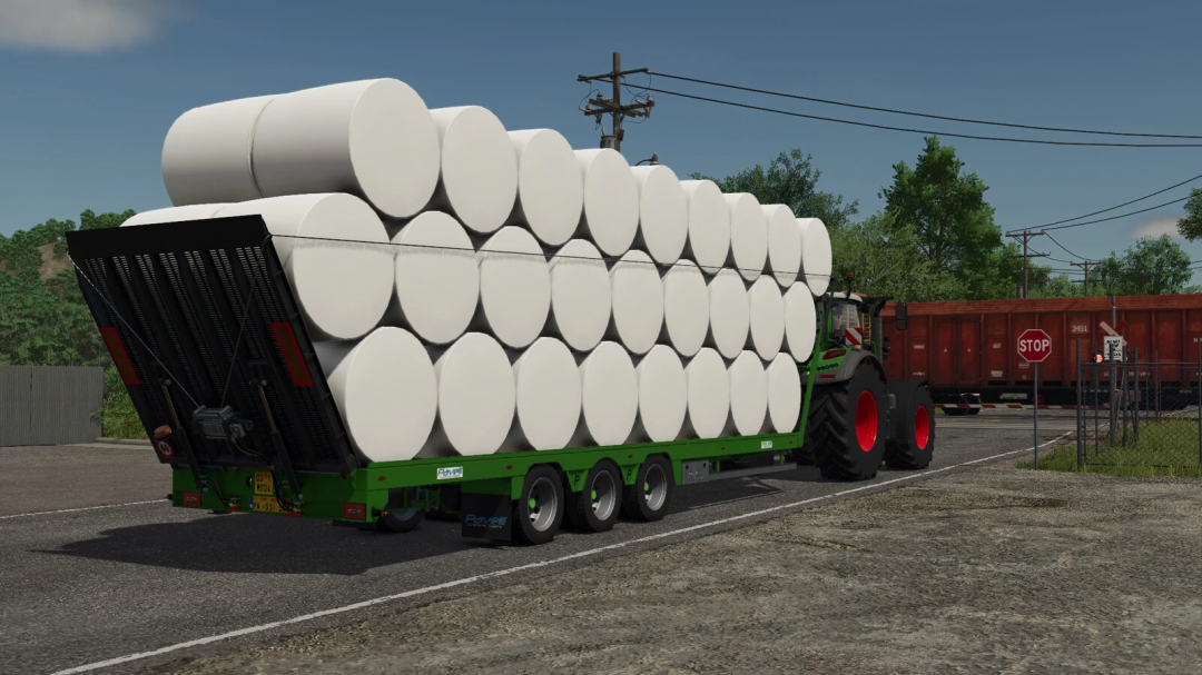 Farming Simulator 25 mod image showing a tractor pulling a trailer loaded with large white cylindrical hay bales, part of the Pavelli RAT Pack Additional Features v1.0.0.0.