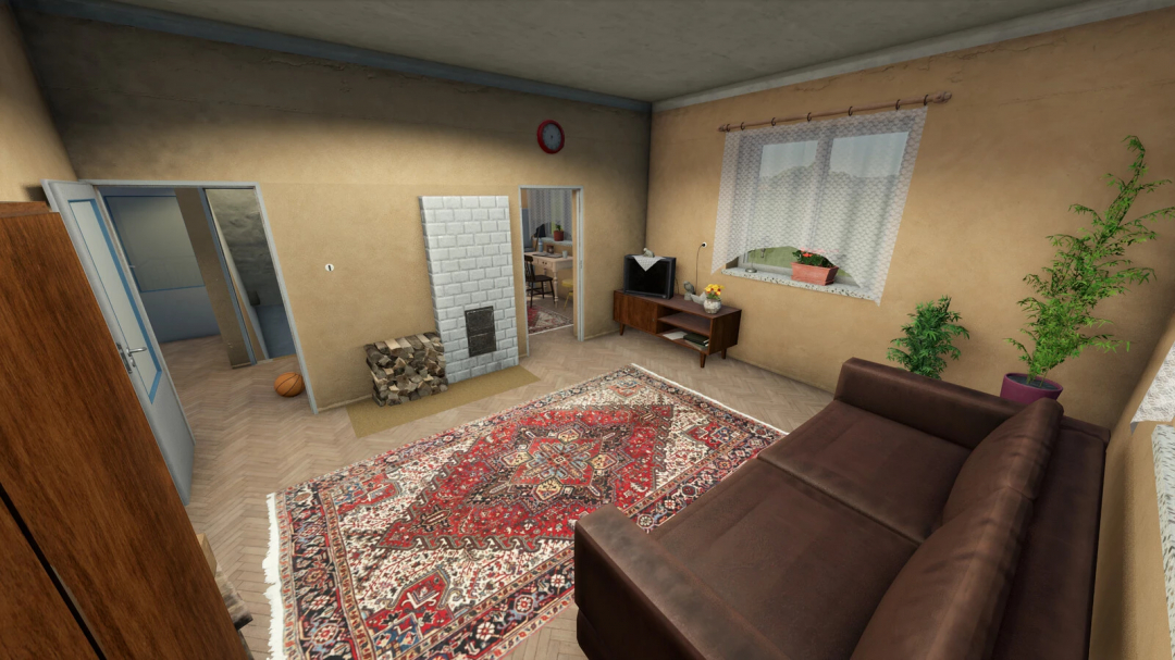 Interior of a cozy living room with a brown sofa, vintage rug, potted plants, a small TV, and a fireplace, in Farming Simulator 25 mods.