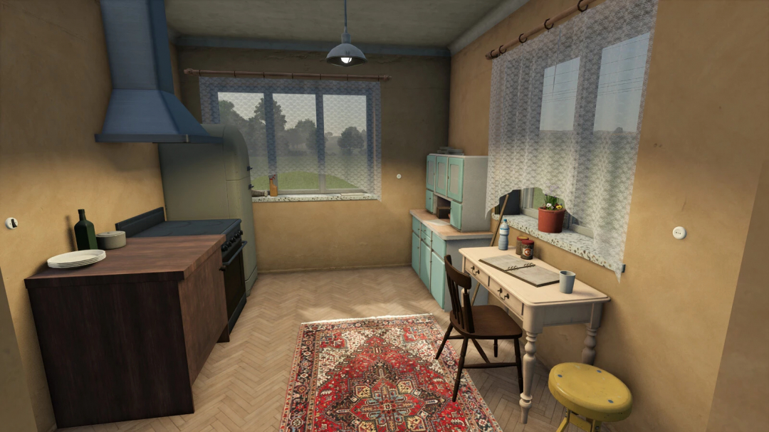 Inside a cozy kitchen with vintage cabinets, a stove, and a small dining area, from Farming Simulator 25 mods, Polish Brick House v1.0.0.0.