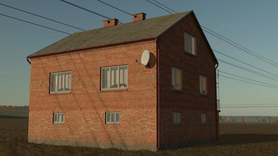 Farming Simulator 25 mod: Brick house with satellite dish, realistic environment, and multiple windows, part of FS25 mods collection.