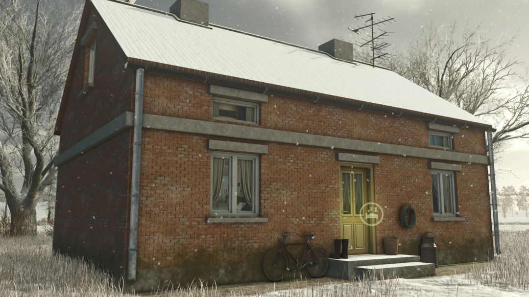 Farming Simulator 25 mod: Polish House v1.0.0.0 with brick exterior, snow, and countryside setting.