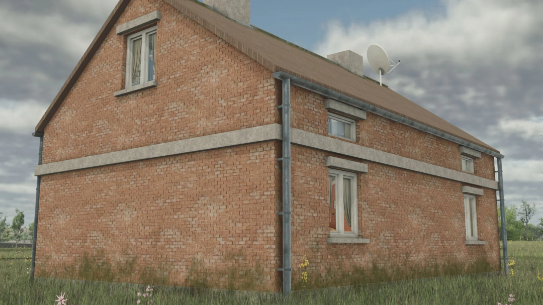 Farming Simulator 25 mod: Polish House v1.0.0.0, a detailed brick house with windows, roof, and satellite dish, set in a grassy field.
