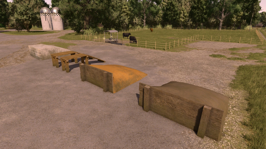 Farming Simulator 25 mods: Wooden barriers and ramps from the Ramp Pack v1.0.0.0 mod for farm terrain and equipment.