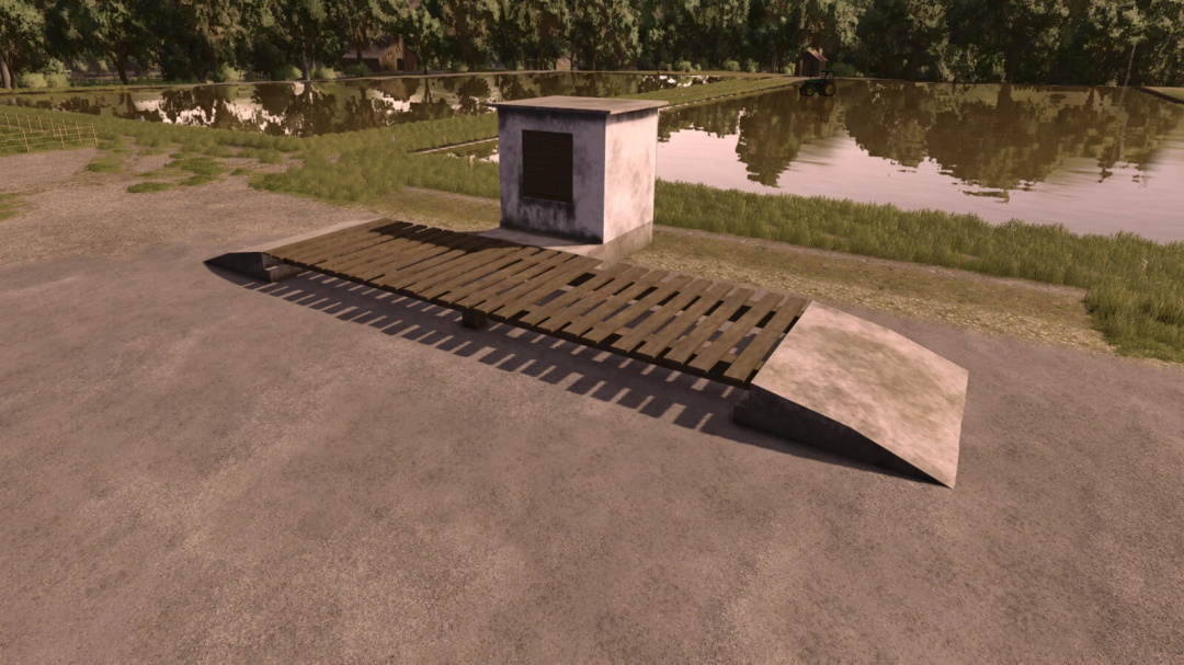 Farming Simulator 25 mod: Rustic wooden bench with concrete support by the water, part of the Ramp Pack v1.0.0.0.