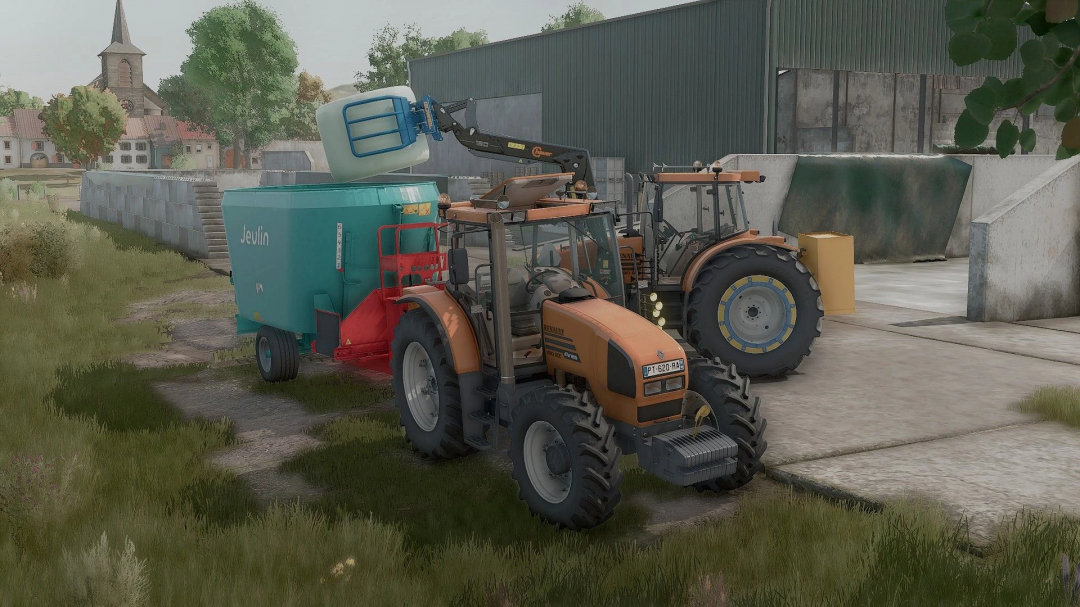Farming Simulator 25 mod showcasing a Renault 600 Ares tractor with additional equipment, including a front loader and water tank.