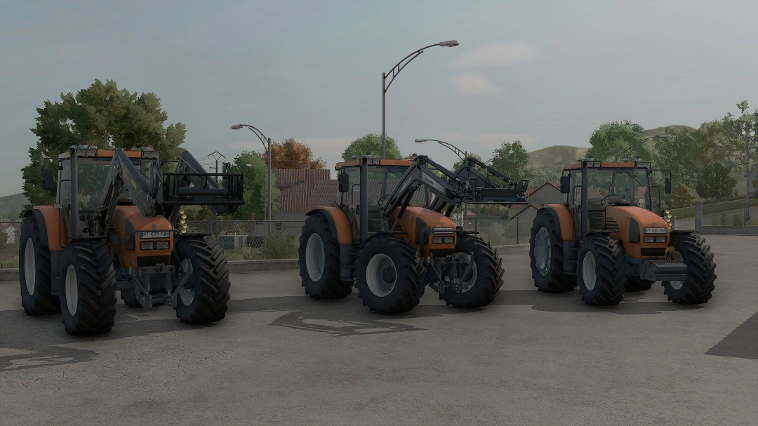 Three farming tractors parked outdoors in Farming Simulator 25 with Renault 600 Ares mods, featuring detailed textures and realistic models.