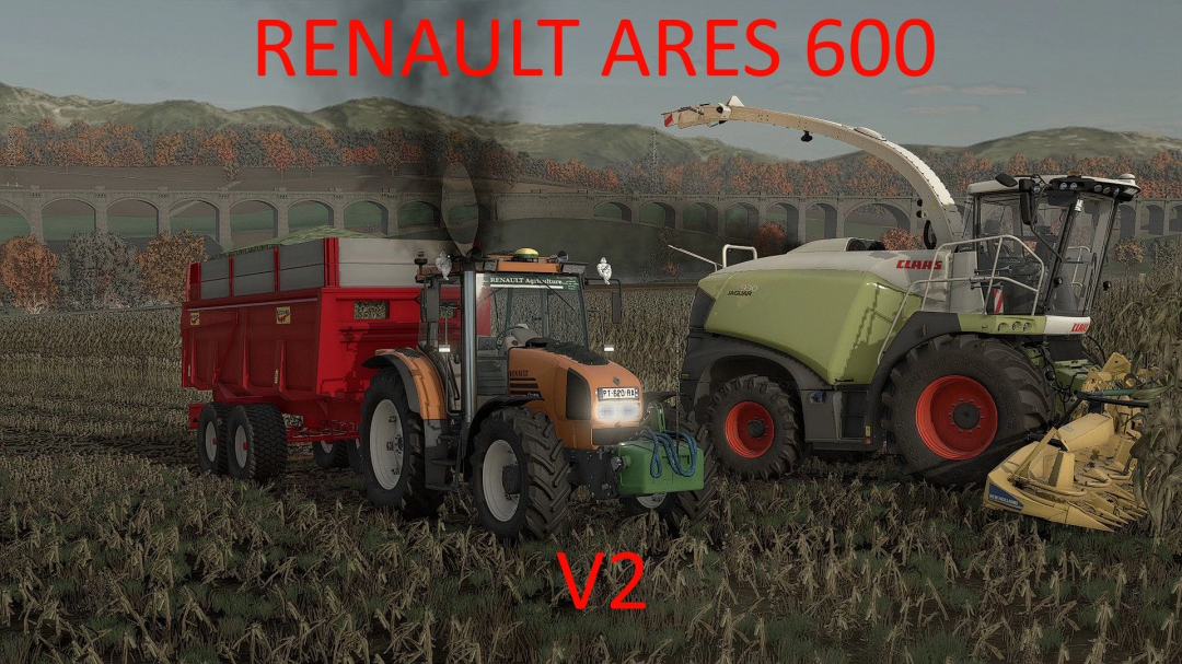 Farming Simulator 25 mod featuring the Renault ARES 600 tractor with a large top banner, showcasing realistic agricultural scene.