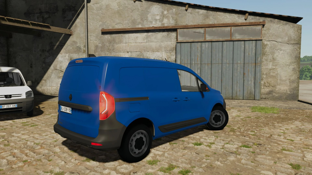 Farming Simulator 25 mod: blue Renault Kangoo L1H1 2024 van parked on a rustic farm yard.
