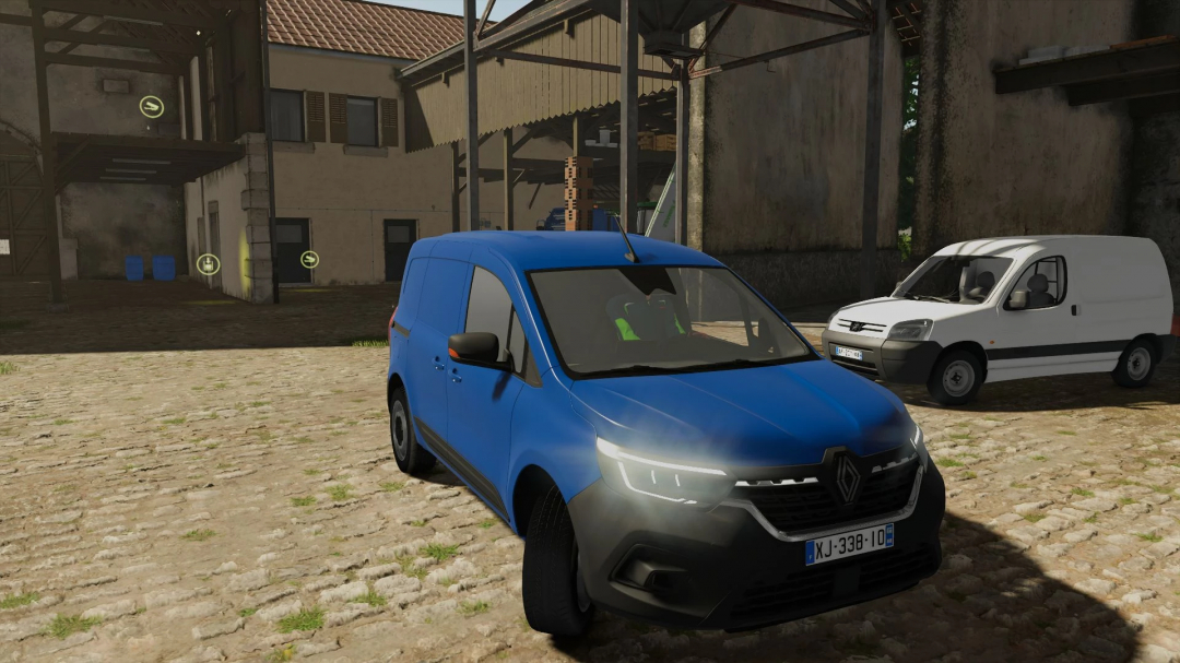 Farming Simulator 25 mods: Renault Kangoo L1H1 2024 van parked in a farmyard setting with other vehicles in the background.