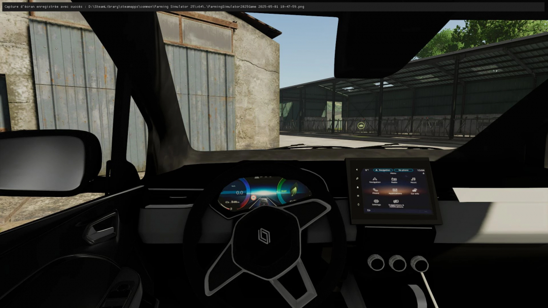 Inside view of a Farming Simulator 25 mod, Renault Kangoo L1H1 2024, with digital dashboard and infotainment system, near a farm building, for FS25 mods.