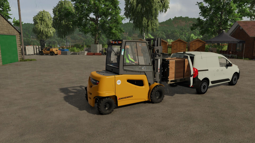 Farming Simulator 25 mods: Jungheinrich forklift unloading wooden crates from a white van in a farmyard setting.
