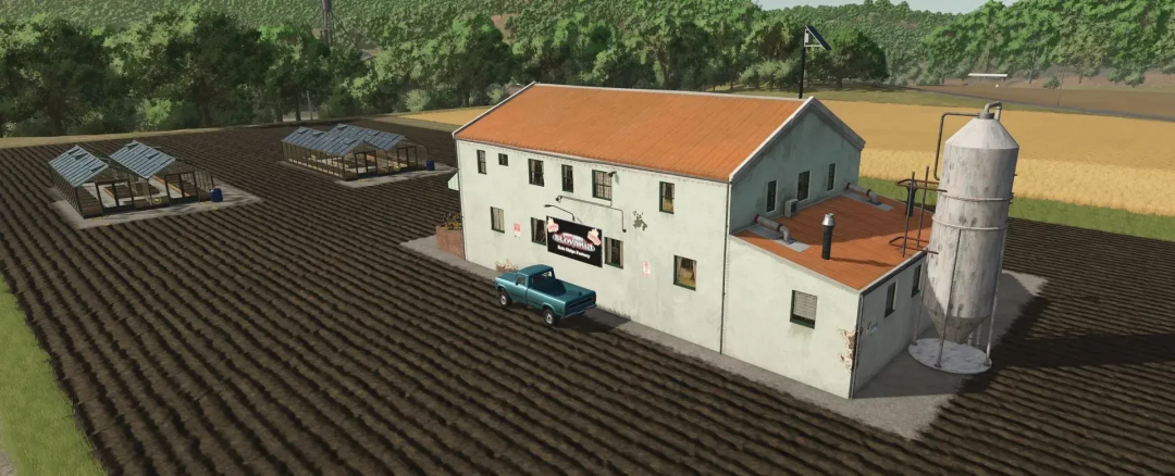 Farming Simulator 25 mod featuring a rice chips factory building with greenhouses on a farm.