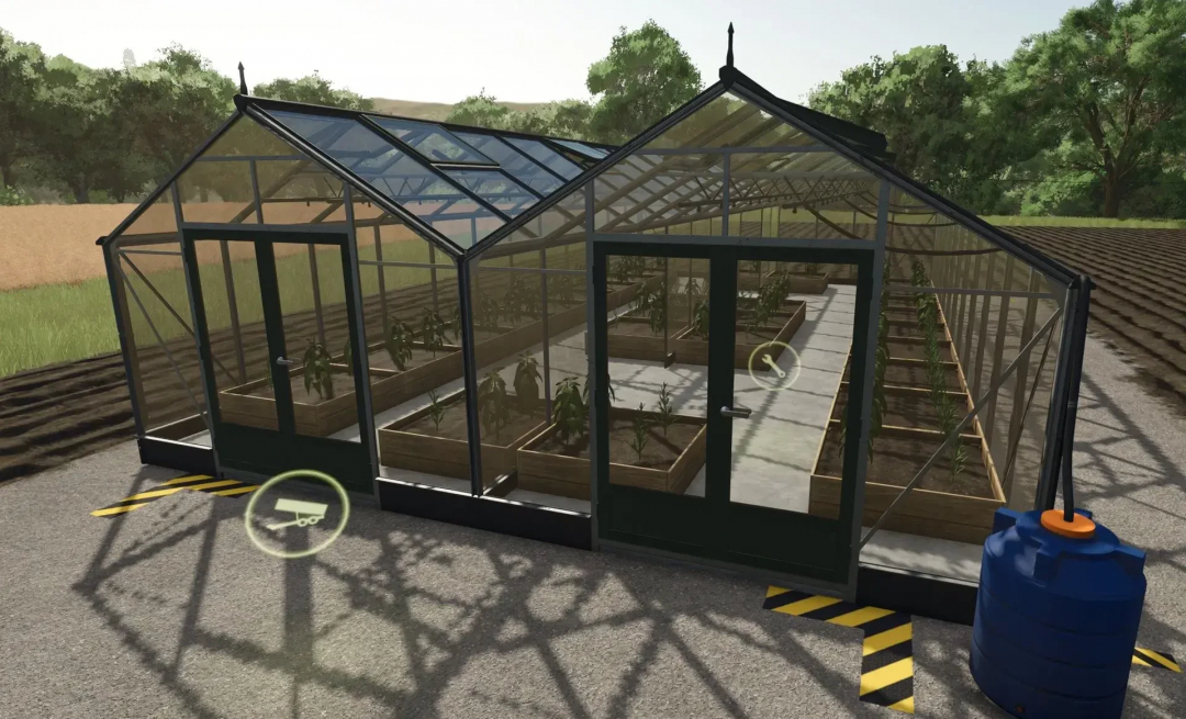 Greenhouse with plants inside, part of Farming Simulator 25 mods, used for growing crops in FS25.