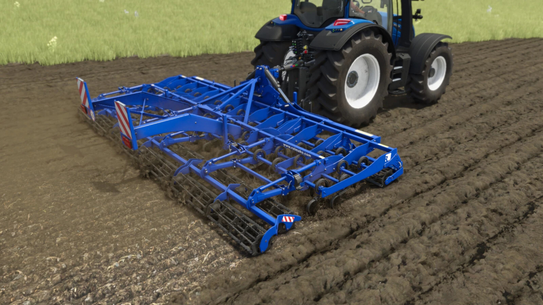 Farming Simulator 25 mods: Blue Rolmako U382 cultivator attached to tractor working on farm soil.