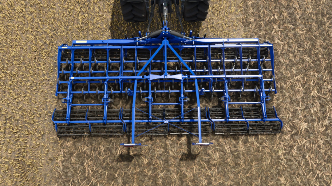 Farming Simulator 25 mod: Blue Rolmako U382 tillage equipment viewed from above on a field, showcasing soil preparation tools.
