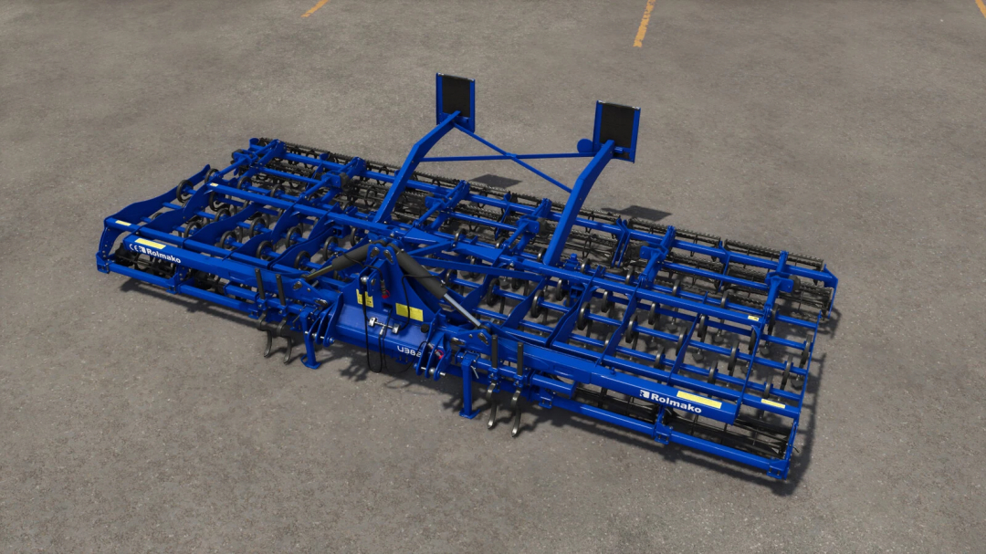FS25 mod: Rolmako U382 cultivator with blue metal frame and multiple tines, used for soil preparation in Farming Simulator 25.