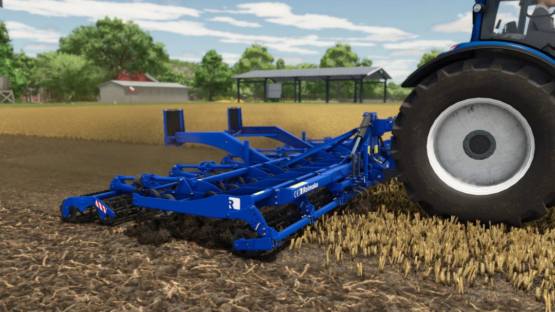 Farming Simulator 25 mod: Rolmako U382 blue cultivation implement attached to tractor, used for soil preparation in farming activities.