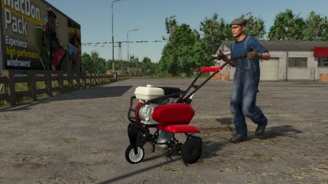 Farmer operating the Rotary Hoe v1.0.0.0 mod in Farming Simulator 25, used for soil preparation and farming tasks.