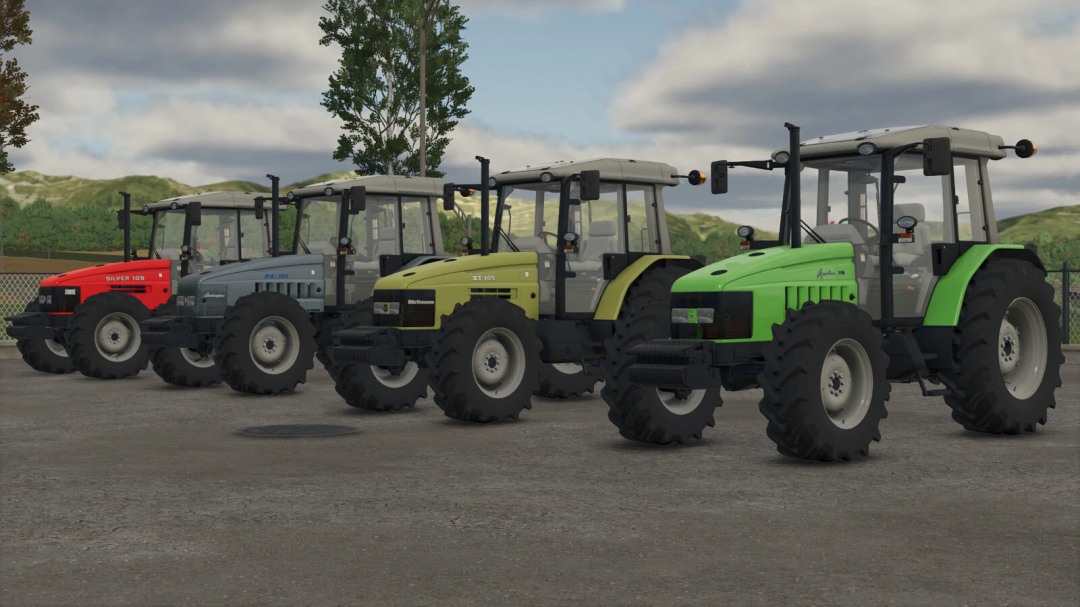 Lineup of four Farming Simulator 25 mods tractors from SDF Open Field Pack v1.0.0.0 in different colors on a farm ground.