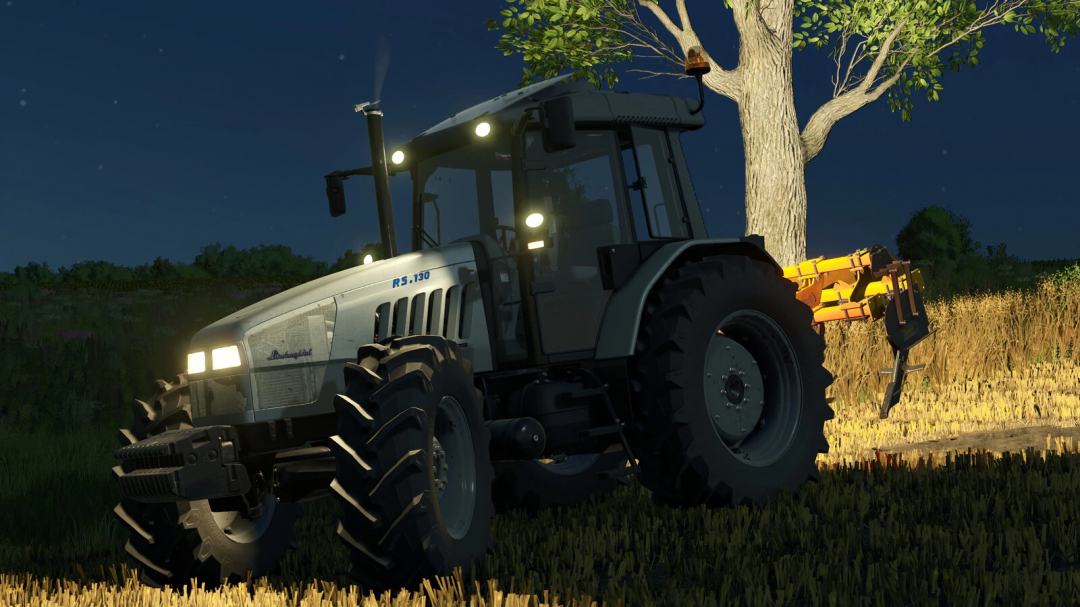 Farming Simulator 25 mod featuring a Lamborghini tractor with a SDF Open Field Pack v1.0.0.0 attachment at night