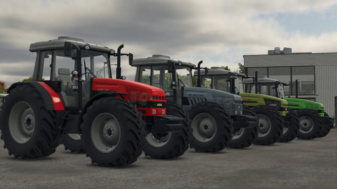 Line of four tractors in Farming Simulator 25 with SDF Open Field Pack mods, parked outside a farming building.