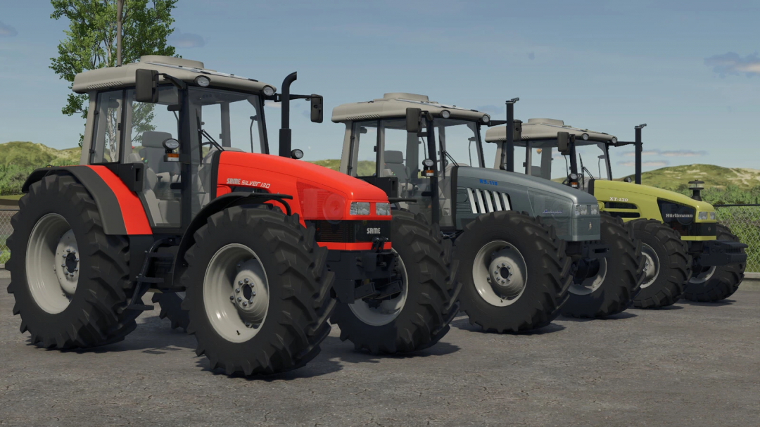 Three large tractors from FS25 mods showcase the SDF Open Field Pack v1.0.0.0 in Farming Simulator 25.