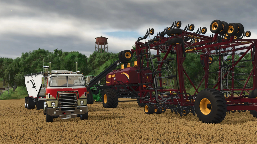 Farming Simulator 25 mods: Seed Hawk Pack v1.0.0.2 featuring a large seed drill and seed truck in a field.