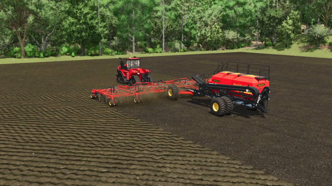 Farming Simulator 25 mod: Red tractor with Seed Hawk planter working on tilled soil in a field, part of the FS25 mods collection.