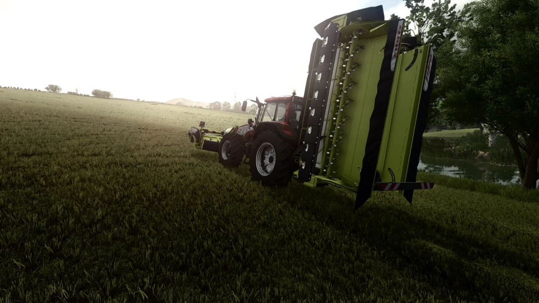 Farming Simulator 25 mod: a tractor with a green Shader MKSH for DLSS v1.1.0.0 attachment in a field scene.