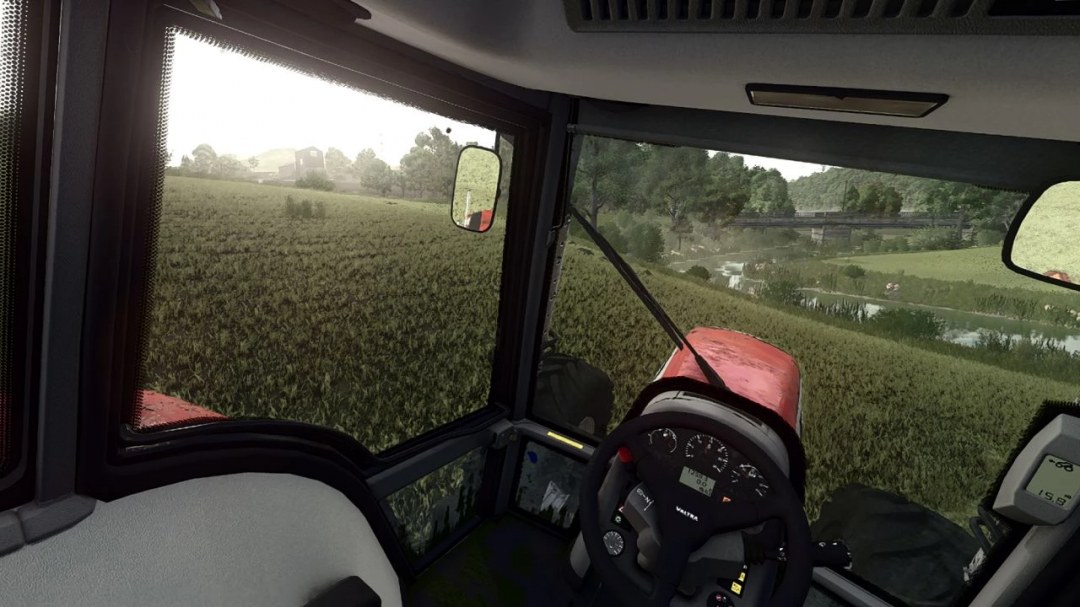 Inside view of a tractor cockpit in Farming Simulator 25 with a lush green field outside, showcasing FS25 mods with Shader MKSH for DLSS v1.1.0.0.