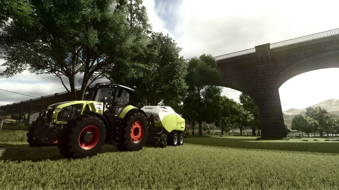 Farming Simulator 25 mod: CLAAS tractor with DSIS for DLSS, depicted in a rural landscape with trees and a bridge.