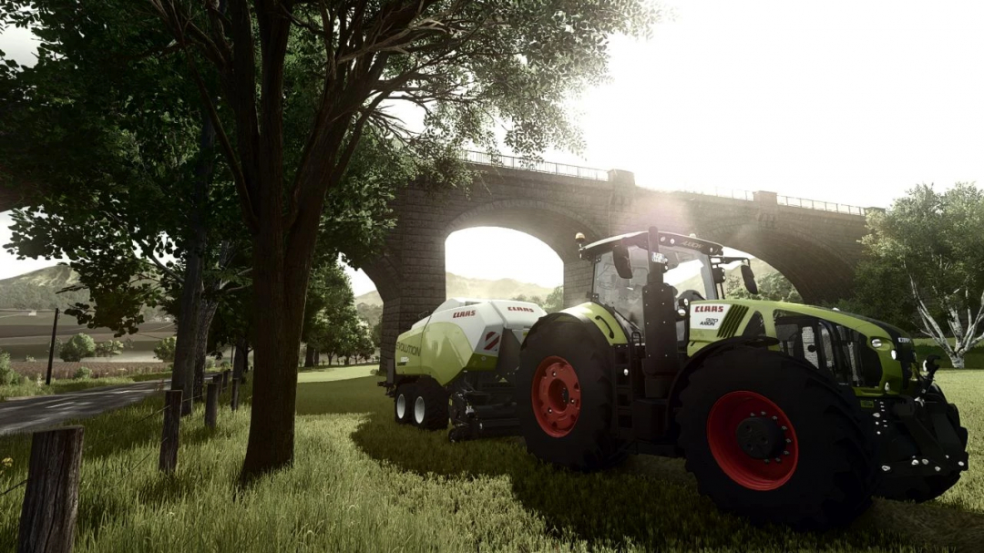 Farming Simulator 25 mod: CLAAS tractor with DLSS Shader MKSH v1.1.0.0 under a bridge, surrounded by trees in a lush green landscape.