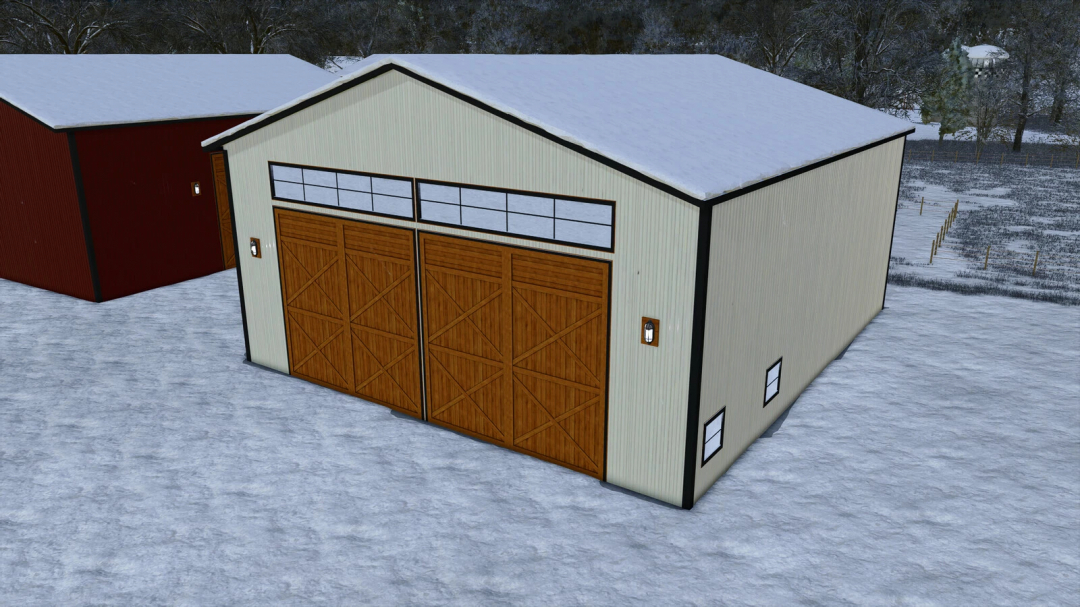 FS25 mod Shed v1.0.0.0 in Farming Simulator 25, with wooden doors, windows, and exterior lighting, set in a snowy landscape.