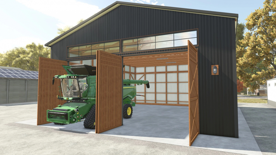 Shed v1.0.0.0 from FS25 mods with a green agricultural vehicle inside, featuring wooden doors and modern construction for Farming Simulator 25.