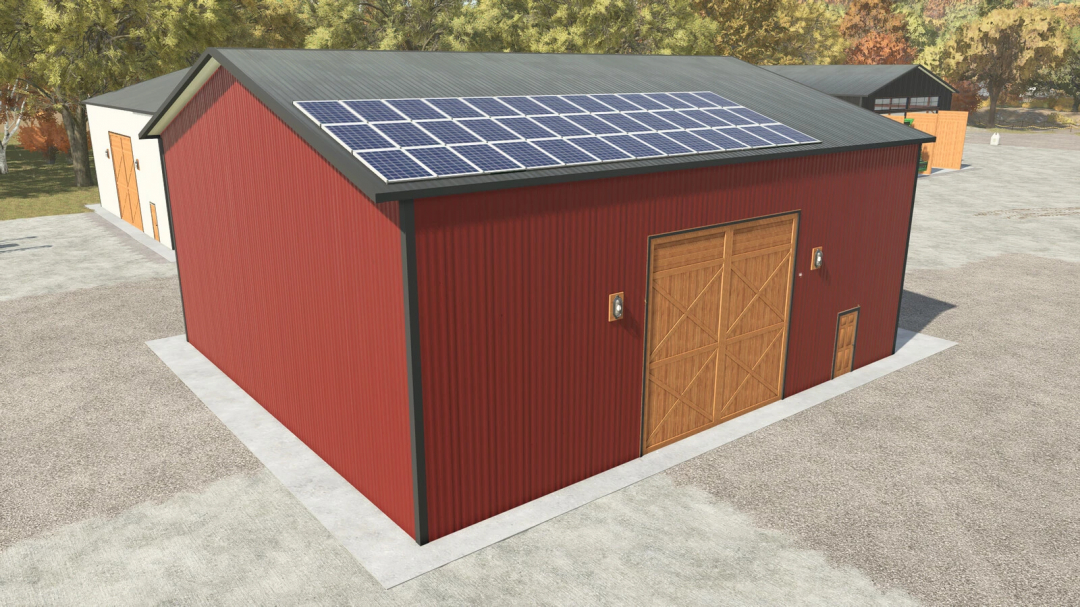Farming Simulator 25 mod: Shed v1.0.0.0 with solar panels on the roof, used for storage or farm activities in FS25.