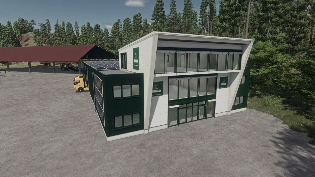 Farming Simulator 25 mod: Silverrun Forest Buildings Pack v1.0.1.0, modern forest buildings with glass and solar panels, suitable for FS25 mods.