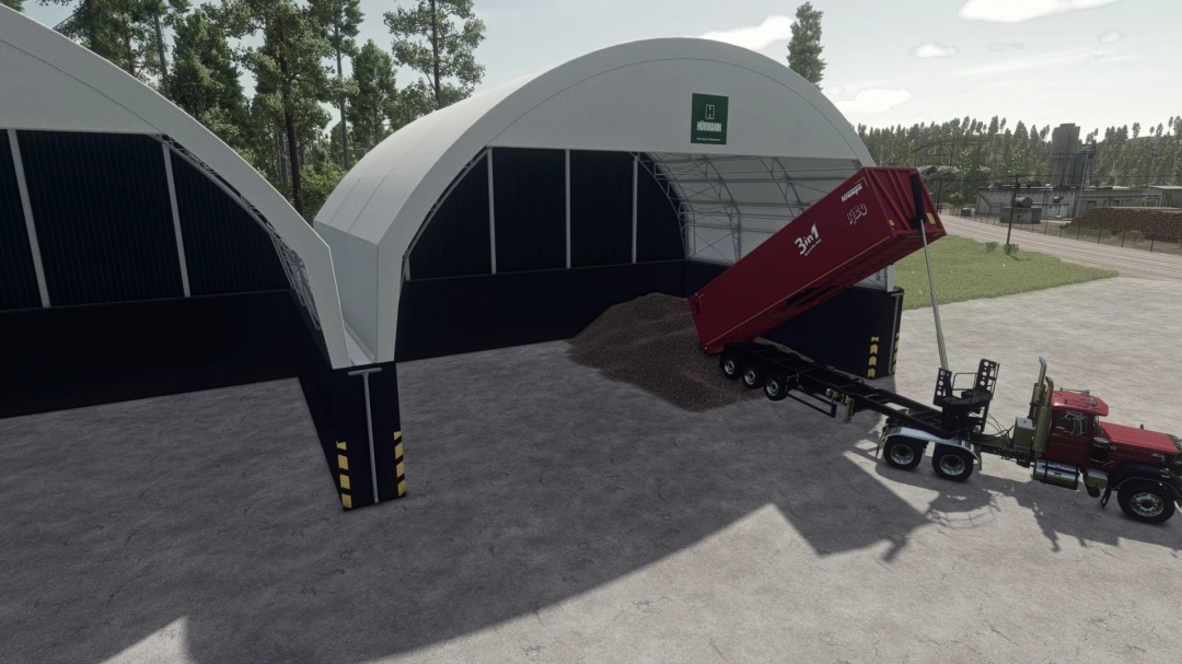 Farming Simulator 25 mod: Red dump trailer unloading grains into a large storage silo at Silverrun Forest Buildings Pack.