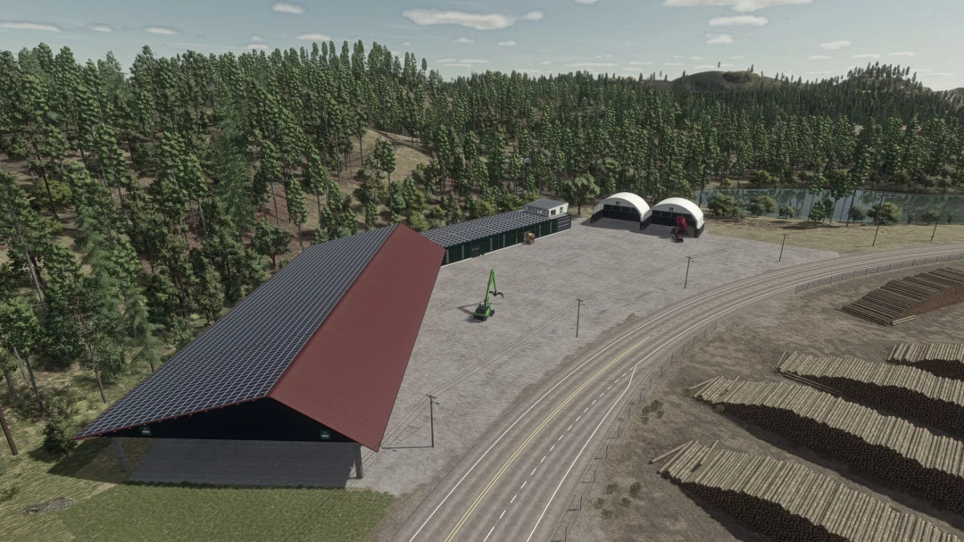 Farming Simulator 25 mods: Silverrun Forest Buildings Pack v1.0.1.0 with forest storage, greenhouses, and equipment near trees.