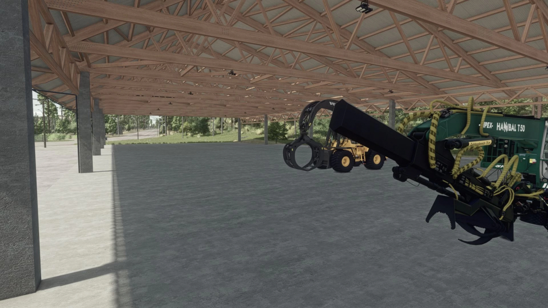 Farming Simulator 25 mod image showing a large open space with livestock handling equipment and a wooden shelter roof.
