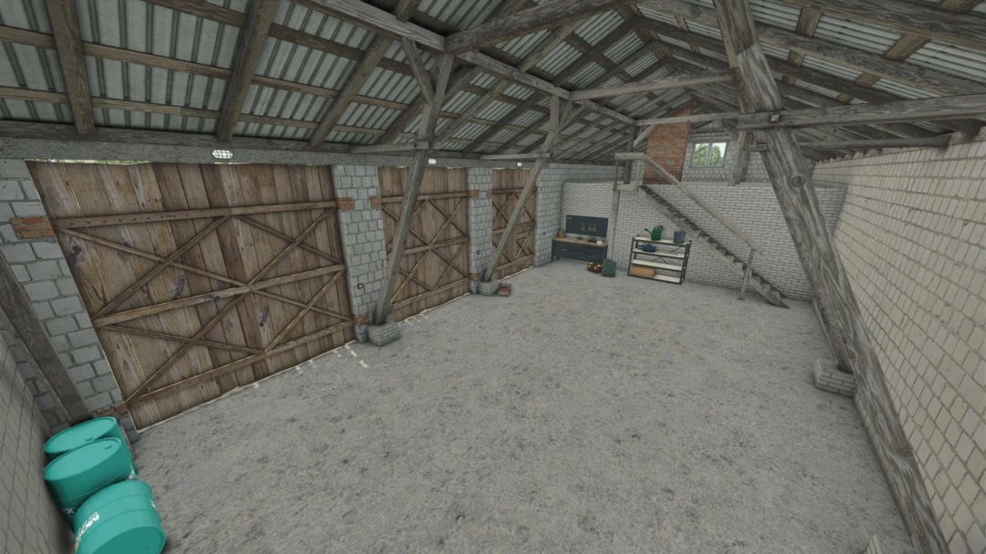 Inside a rustic barn in Farming Simulator 25, featuring wooden beams, brick walls, and tools on a shelf, as part of FS25 mods. 