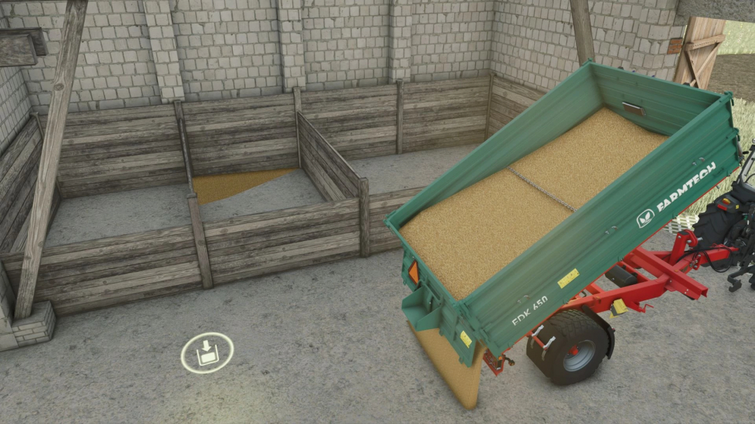 Farming Simulator 25 mod: Small Polish Buildings Pack with detailed farm buildings, including grain storage, in FS25 game.