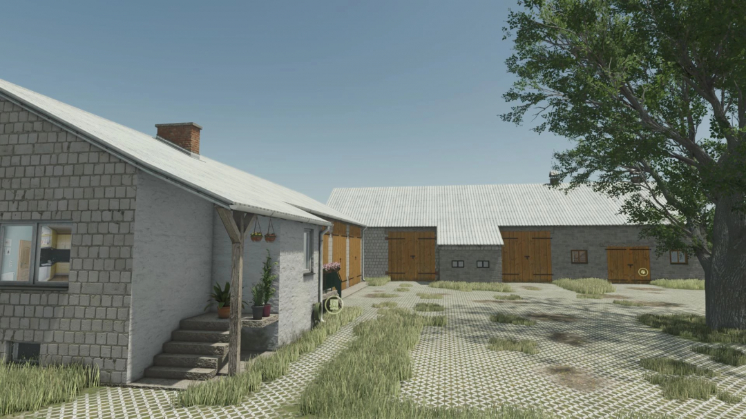 Farming Simulator 25 mod showcasing small Polish buildings pack with rustic structures and farmyard layout, enhancing gameplay realism.