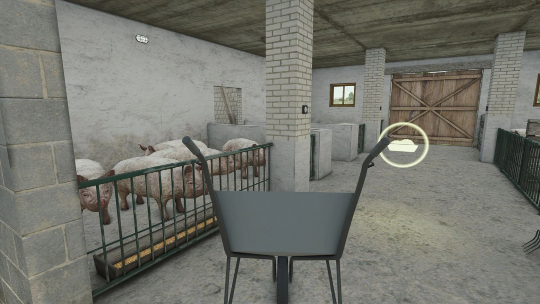Inside a barn in Farming Simulator 25 with pigs, featuring a wheelbarrow and a large wooden door, part of FS25 mods.